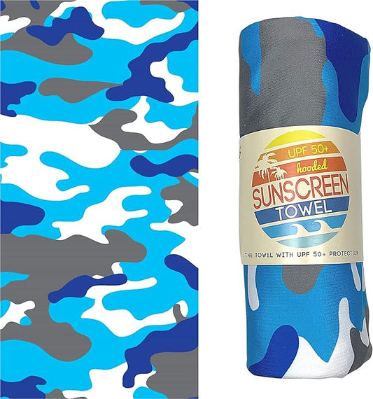 Luv Bug Kids UPF Pool/Beach Towel with Hood, Sunscreen Towel, UV Protection, UPF 50+, Sand Free Absorbent & Quick Dry Swimming Towel for Beaches, Camping, & Travel (30.5" x 40.5", Blue Camo)