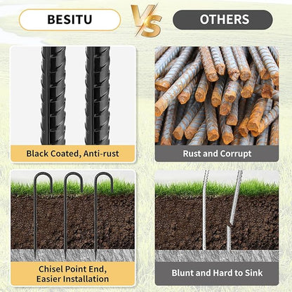 16 Inches 24-Pack J Hook Rebar Stakes Heavy Duty Tent Stakes with Chisel Point End, Steel Ground Anchors Metal Garden Stakes Chain Link Fence Stakes Black Coated