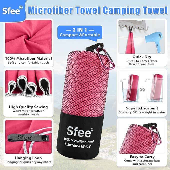 Sfee 2 Pack Microfiber Travel Towel, Quick Dry Towel Camping Towel Large Beach Towel Super Absorbent Compact Lightweight Sports Towel Gym Towel for Beach, Gym, Hiking, Pool, Backpacking, Bath, Yoga