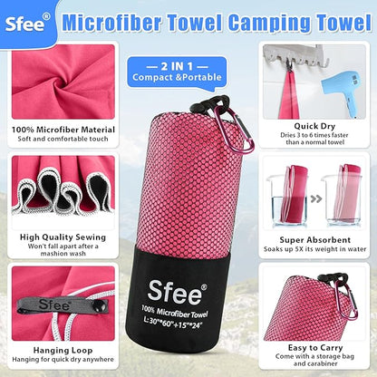 Sfee 2 Pack Microfiber Travel Towel, Quick Dry Towel Camping Towel Large Beach Towel Super Absorbent Compact Lightweight Sports Towel Gym Towel for Beach, Gym, Hiking, Pool, Backpacking, Bath, Yoga