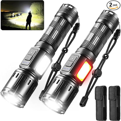 Flashlights 90000 High Lumens 2Pack, LED Flashlight with Holster, Multifunctional Rechargeable Flashlights with 7 Modes, Waterproof, Red Side Light, Bright Flashlights for Camping, Emergencies (3.7)