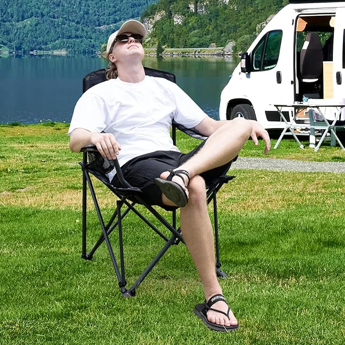 SUNNYFEEL 2 Pack Heavy Duty Camping Chairs for Adults Portable Oversized Folding Chair with Side Pockets & Cup Holde for Fishing,Trip,Picnic,Lawn,Concert Outdoor, Carry Bag Included