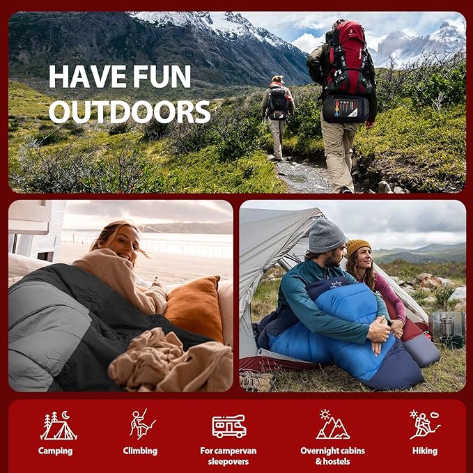 Adult Kids Sleeping Bag - All Season Warm/Cold Weather Lightweight for Camping & Hiking - Compact w/Compression Sack - Portable for Backpacking Travel Indoor - Unisex Boy Girl Man Woman