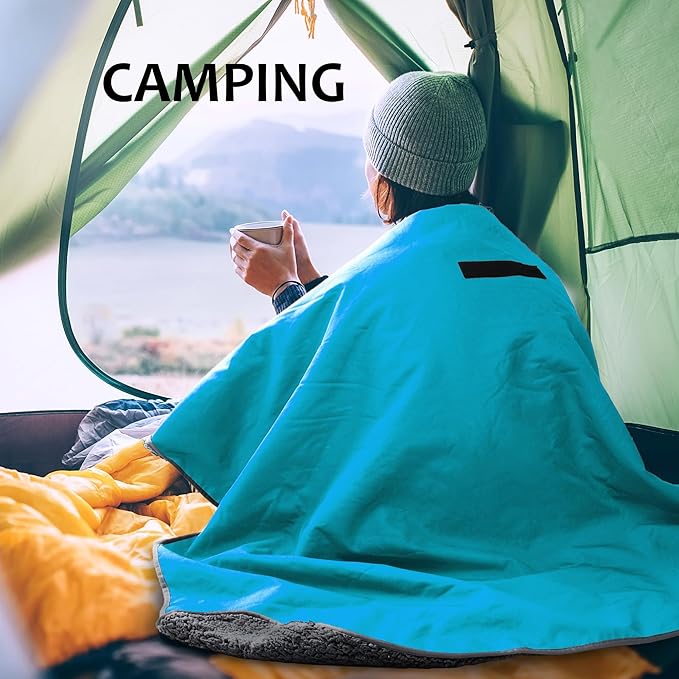 Tirrinia Outdoors Waterproof Throw Blanket, Sherpa Fleece Stadium Windproof Mat for Camping, Picnic, Traveling, Boat, Football - Machine Washable, Aqua Grey