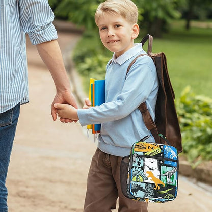 Clastyle Black Dinosaur Insulated Lunch Bag for Kids, Portable Large Thermal Cooler Lunch Bag for Boys, School Lunch Box Bag with Bottle Holder