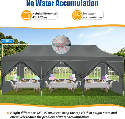 HOTEEL 10x30 Pop up Canopy Tent for Parties, Heavy Duty Easy Setup Tent with 8 Sidewalls, Outdoor Commercial Instant Gazebo for Wedding Event, with Portable Bag & Sand Bags, Grey(Hexagonal Frame)