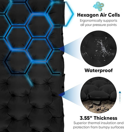 POWERLIX Sleeping Pad for Camping with Built in Pillow, Foot Pump Inflatable Camping Mat Bed, Lightweight Outdoor Camping Air Mattress Camping Pad for Backpacking Hiking Travelling Black