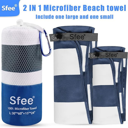 Sfee 2 in 1 Microfiber Beach Towel, Quick Dry Towel Camping Towel Travel Towel Super Absorbent Compact Lightweight Sports Towel Gym Towel Set for Beach, Gym, Hiking, Pool, Backpacking, Bath, Yoga