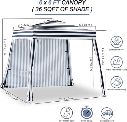 EzyFast Compact Pop Up Canopy Tent, Collapsible Instant Shelter,Portable Sports Cabana, with Built-in Weight Bags, 8 x 8 ft Base / 6 x 6 ft Top for Camping,Hiking,Fishing,Picnic (Classical Stripe)
