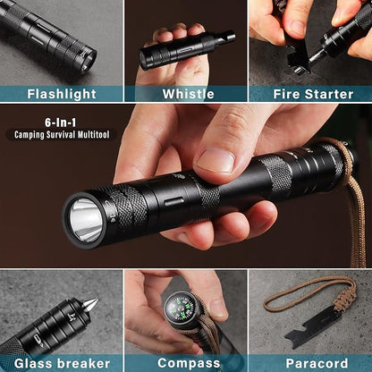 All in 1 Camping Survival Kits with LED Flashlight, Fire Starter, Whistle, Glass Breaker, Compass, Paracord, Tactical Survival Multitool, EDC, Stocking Stuffers and Gifts for Men Women