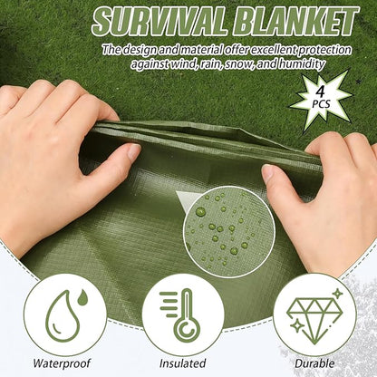 Kanayu 4 Pcs Emergency Blankets Thermal Survival Blankets 82 x 60 Inch, Heavy Duty Emergency Poncho Tarp Reusable Waterproof Emergency Blanket for Car, Camping, Hiking(Olive Green)
