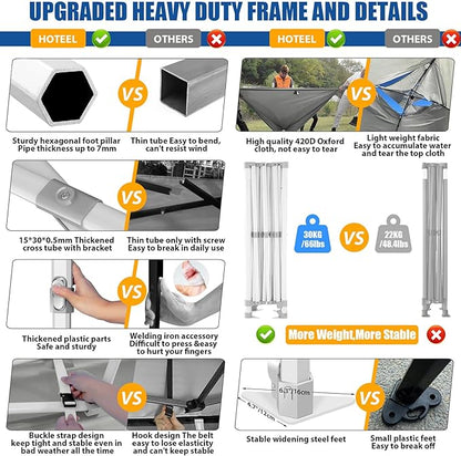 HOTEEL 10x15 Pop up Canopy Tent for Parties, Heavy Duty Easy Setup Tent Without Sidewalls, Outdoor Commercial Instant Gazebo for Wedding Event, with Roller Bag & Sand Bags, Grey(Hexagonal Frame)