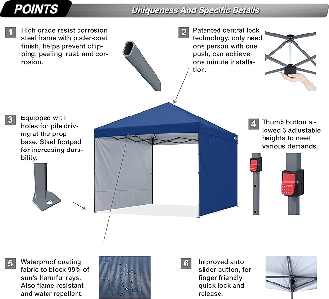 ABCCANOPY Easy Pop up Canopy Tent with 2 Sidewalls for Outdoor Sun Blocking or Rain Protection,10x10, Navy Blue