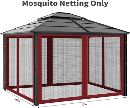 Gazebo Replacement Mosquito Netting Outdoor Universal Gazebo Canopy 4-Panels Screen Sidewalls with Zipper for Patio Garden (Red, 10x10)