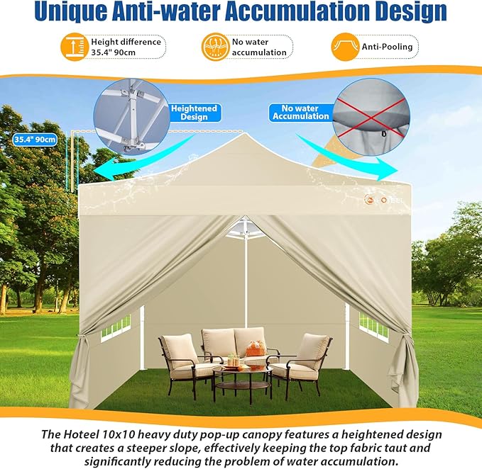 HOTEEL 10x10 Pop up Canopy Tent for Parties, Heavy Duty Easy Setup Tent with 4 Sidewalls, Outdoor Commercial Instant Gazebo for Wedding Event, with Portable Bag & Sand Bags, Khaki(Hexagonal Frame)