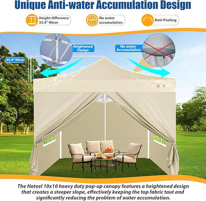 HOTEEL 10x10 Pop up Canopy Tent for Parties, Heavy Duty Easy Setup Tent with 4 Sidewalls, Outdoor Commercial Instant Gazebo for Wedding Event, with Portable Bag & Sand Bags, Khaki(Hexagonal Frame)