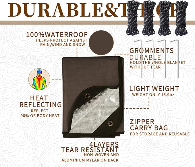 Heavy Duty Survival Blanket -Multifunctional Reflective Tarp Thermal Blanket - 60" x 83" Waterproof Sandproof for Camping Hiking Outdoors Multifunctional Emergency Blanket
