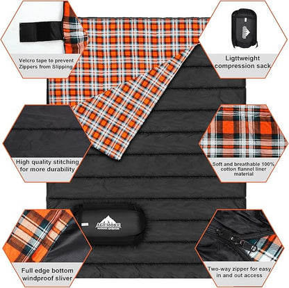 AGEMORE Cotton Flannel Double Sleeping Bag for Camping, Backpacking Or Hiking. Queen Size 2 Person Waterproof Sleeping Bag for Adults Or Teens. Lightweight with Compression Sack