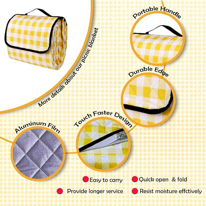 Picnic Outdoor Blankets, Extra Large 79x79in Beach Blanket, Thick 3-Layers Camping Waterproof Mat for Camp Hiking Park, Portable Foldable Rug for Family-Yellow, Sandproof & Machine Washable