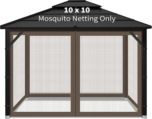 Gazebo Replacement Mosquito Netting Outdoor Universal Gazebo Canopy 4-Panels Screen Sidewalls with Zipper for Patio Garden Yard Backyard (Mosquito Net Only) (10x10, Coffee)