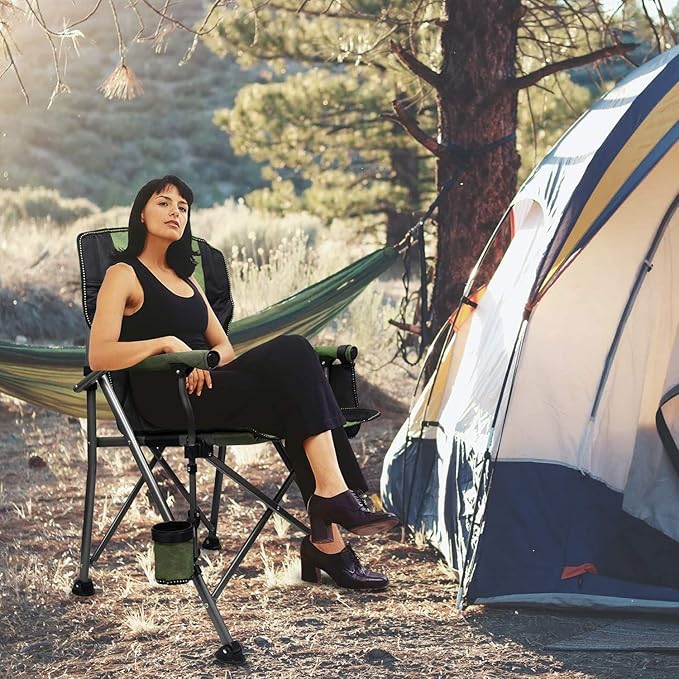 LEADALLWAY Folding Camping Chair Oversized Collapsible Camp Chair with Cup Holder and Removable Storage Bag, Heavy Duty Support 350 LBS, Portable Lawn Chair for Outdoor Camp, Picnic, Travel, Fishing