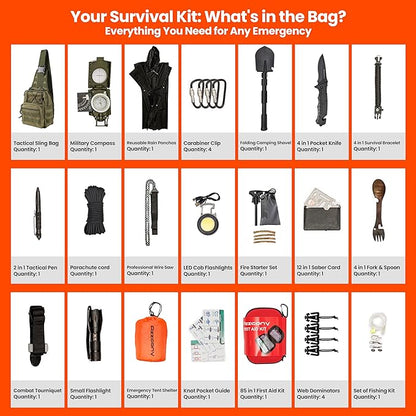 Emergency Survival & First Aid Kit & Tourniquet - 250 PCS Go Bugout Bag Survival Gears with Compass Flashlight Shovel - Tactical Military Grade EDC Backpack for Outdoor Camping Scout
