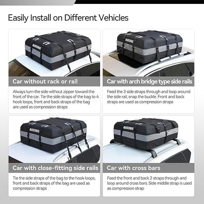 MARCHWAY Waterproof Car Roof Luggage Bag, Weatherproof Soft Shell Rooftop Cargo Carrier Bag for Vehicles with or Without Rack. 6 Door Hooks, Anti Slip Mat, Lock Included (15 Cubic Feet, Black)