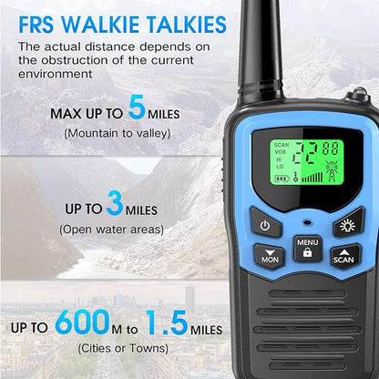 Walkie Talkies with 22 FRS Channels, MOICO Walkie Talkies for Adults with LED Flashlight VOX Scan LCD Display, Long Range Family Radios for Hiking Camping Trip (Blue, 4 Pack)