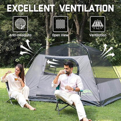 Happy Travel Camping Tent, 4 Person Dome Tents for Camping with Rainfly, Waterproof Clip Easy Setup Portable Family Tent with Mesh Windows, 20% More Headroom Backpacking Tents for Camping & Hiking