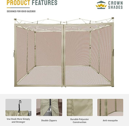 CROWN SHADES Gazebo Mosquito Net for 10 x 10 Pop Up Canopy - Patio Gazebo Mesh Sidewall with Zipper for Outdoor Tent, Garden and Backyard (4 Packs,Khaki)