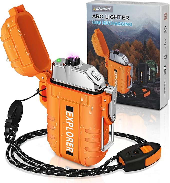 Lafagiet Waterproof Arc Lighter, Outdoor Dual Plasma Arc Lighter, USB Rechargeable Flameless Electric Lighters for Camping, Hiking, Survival Tactical (F13-Orange)