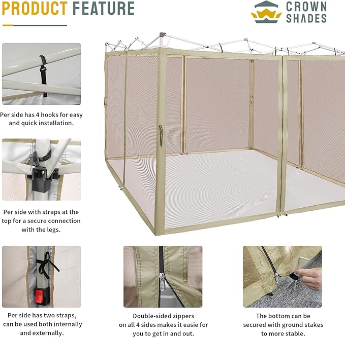 CROWN SHADES Gazebo Mosquito Net for 10 x 10 Pop Up Canopy - Patio Gazebo Mesh Sidewall with Zipper for Outdoor Tent, Garden and Backyard (4 Packs,Khaki)
