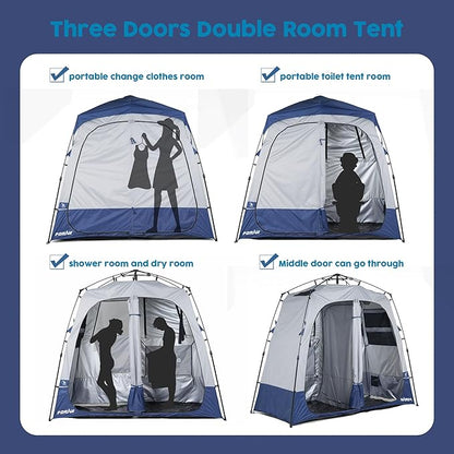 Camping Shower Tent Deluxe Changing Room Easy Set Up Privacy Shelter,Large Toilet Tent 2 Rooms with Floor Drain Design for Beach, Camping,Hiking with Stakes and Ropes for Stability