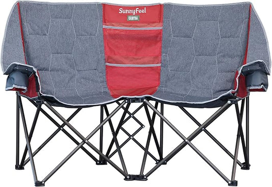 SUNNYFEEL Folding Double Camping Chair, Oversized Loveseat Chair, Heavy Duty Portable/Foldable Lawn Chair with Storage for Outside/Outdoor/Travel/Picnic, Fold Up Camp Chairs for Adults 2 People