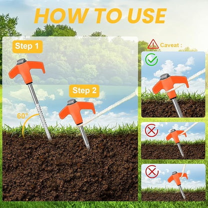 12 Pack 8" Screw in Tent Stakes Heavy Duty- Ground Anchors Screw- Tent Pegs Camping Stakes- Hex Pegs Drillable Tent Stakes and Hexagon Head Drive and Storage Box (Orange)