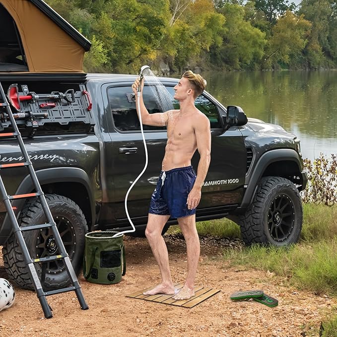 Camping Shower Tent Kit, Pop Up Privacy Shelter with LED Lights, Portable Shower Pump with 6.6 Gallons Collapsible Bucket Camp Bathroom for Adults Outdoor Hiking