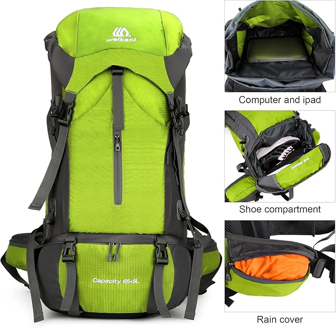 ShowyLive 70L Hiking Backpack - Lightweight Waterproof Travel Backpack for Men & Women, Foldable Daypack with Rain Cover for Camping & Outdoor (Fluorescent Green)