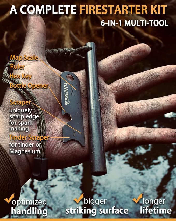 YUNFIRE Fire Starter-5" x 1/2" Thick Ferro Rod with Multi-Tool Striker & Type 550 Paracord, 25,000+ Strikes, Drilled Flint Fire Steel for Emergency Survival, Camping, Hiking