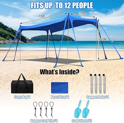 Beach Tent Sun Shelter UPF 50+ Beach Shade Canopy Pop up Tent Portable Cabana Outdoor with Aluminum Poles Sandbags Sand Shovel for Camping Fishing Trip Picnic Party