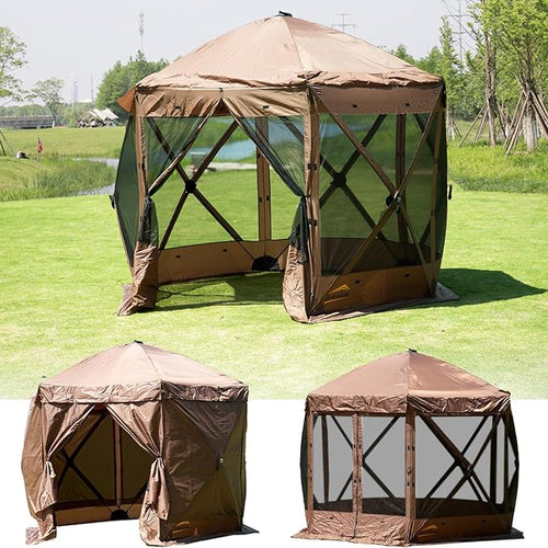 10 x 10 FT Pop Up Screen Tent, Portable Outdoor Camping Gazebo with Ground Stakes and Carry Bag, Brown