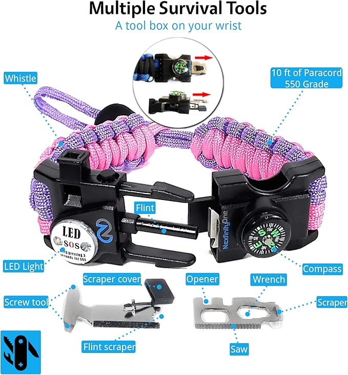 Survival Paracord Bracelet - Tactical Emergency Gear Kit with SOS LED Light, 550 Grade, Adjustable, Multitools, Fire Starter, Compass, and Whistle - Set of 2