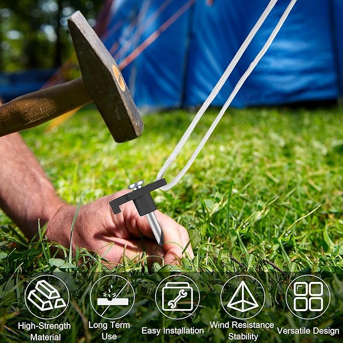 Aodaer 24 Pack Tent Stakes Heavy Duty Tent Pegs 10.25 Inch Non-Rust Metal Yard Stakes with 4x10ft Ropes and Storage Bag Inflatable Stakes for Gardening & Canopies, Camping Halloween Christmas, Black