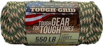 TOUGH-GRID Premium 550lb Paracord Rope -200ft - Forest Camo - 100% Nylon Type III Mil-Spec - UV & Abrasion Resistant - Heavy Duty Strands - Outdoor Survival Rope - Used by US Military - Made in USA