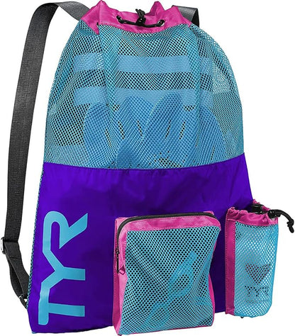 TYR Big Mesh Mummy Backpack for Swim, Gym and Workout Gear, Black, 40-Liter Capacity