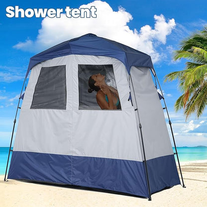 Camping Shower Tent Deluxe Changing Room Easy Set Up Privacy Shelter,Large Toilet Tent 2 Rooms with Floor Drain Design for Beach, Camping,Hiking with Stakes and Ropes for Stability