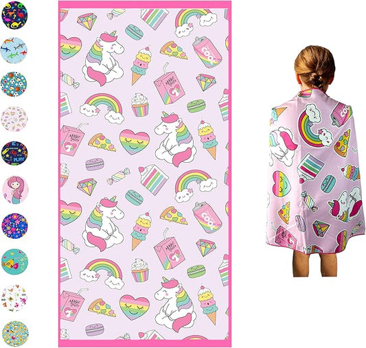 Microfiber Beach Towel for Kids - Thin and Large (30"x60") - Unicorn - Absorbent, quick dry, sand free, lightweight, blanket - toddler, girls, boys - For Sports, Pool, Picnic, Camping, Travel, Swim