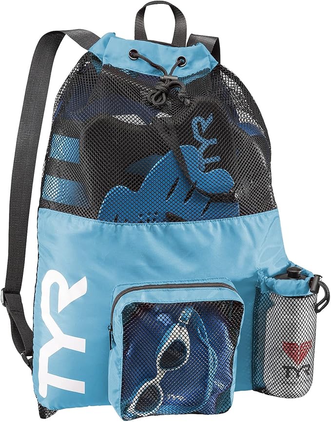 TYR Big Mesh Mummy Backpack for Swim, Gym and Workout Gear, Black, 40-Liter Capacity