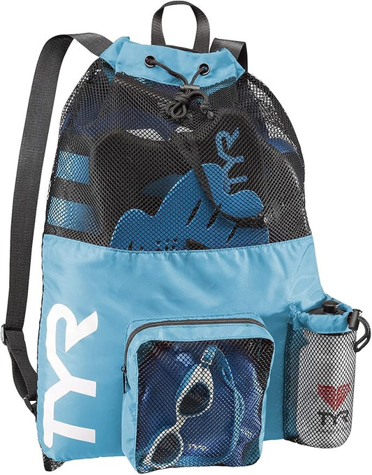 TYR Big Mesh Mummy Backpack for Swim, Gym and Workout Gear, Black, 40-Liter Capacity