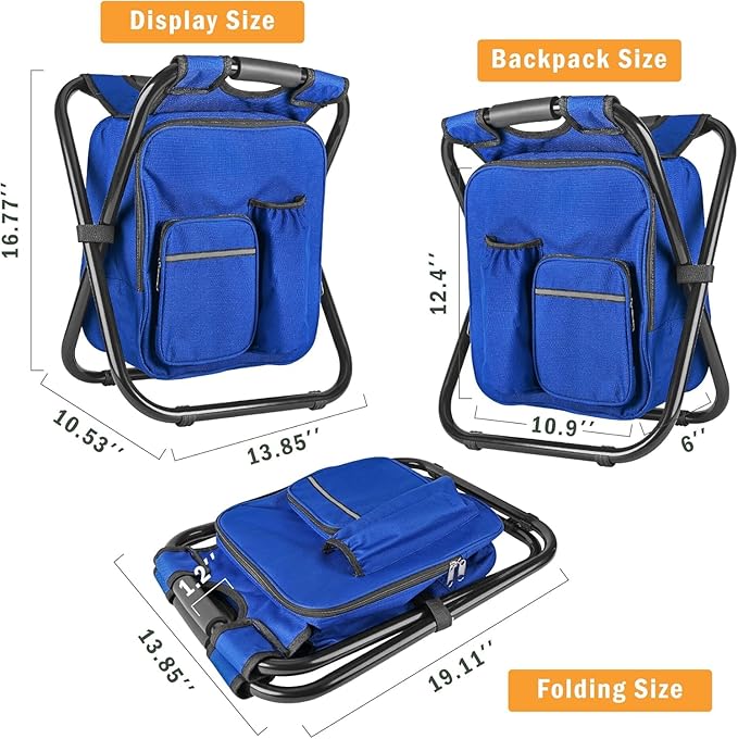 Kikerike Backpack Stool Cooler Chair Heavy Duty 400 LBS Max Load Portable Lightweight Stool Backpack Folding Fishing Cooler Seat for Camping Hunting Fishing - Dark Blue