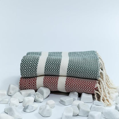 2 Pack Travel Cotton Blanket Twin Size Breathable Cozy Airplane Keep Warm Compact Vacation Essentials Car Camping Quick Dry Beach Sand Free Towel (Pine Green and Burgundy Red)